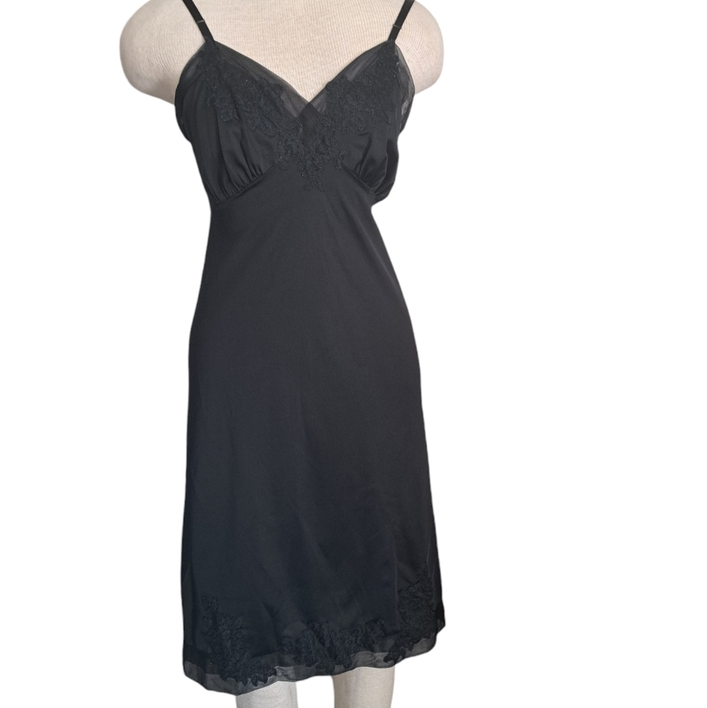 VTG VAN RAALTE black nylon full slip embroidery floral chiffon lace trim Glam 32